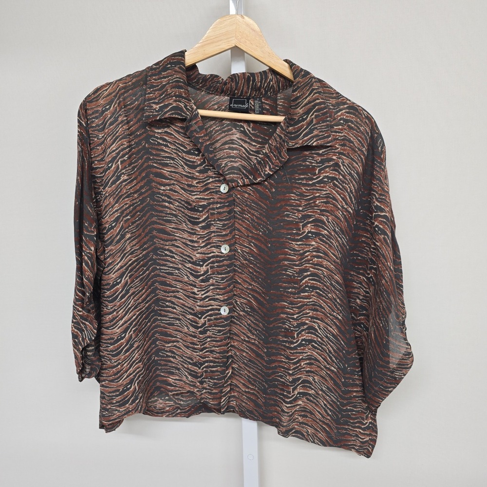 Animale Women Brown Tiger Stripe Animal Print Viscose Button Up Blouse Large